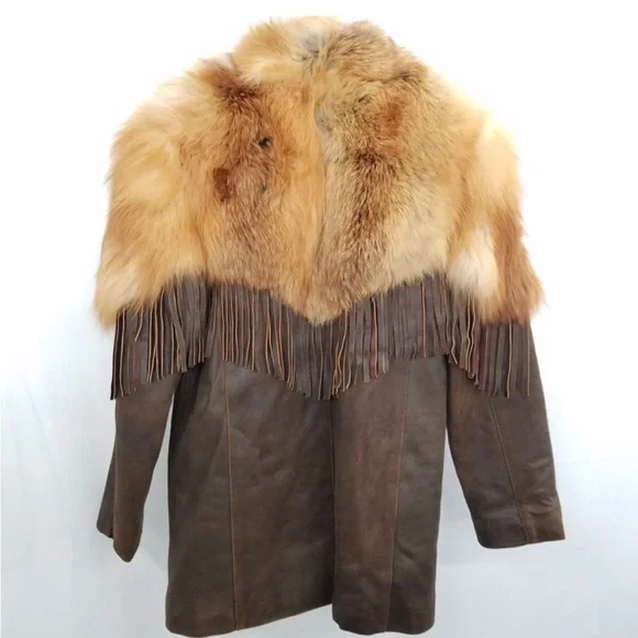Damselle Vintage Leather Fringe Jacket with Fox Fur Collar Rare